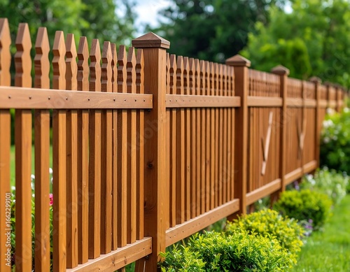 Wooden fence, landscaping, and greenery