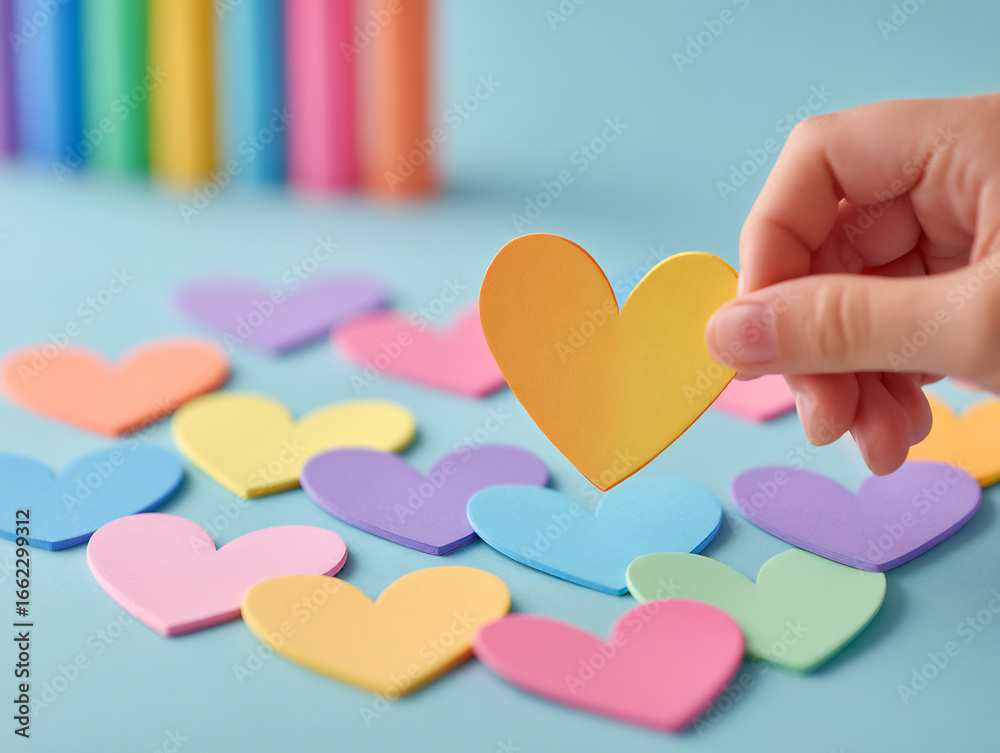 Fototapeta premium Girl cutting colorful paper hearts in a pastel creative setup