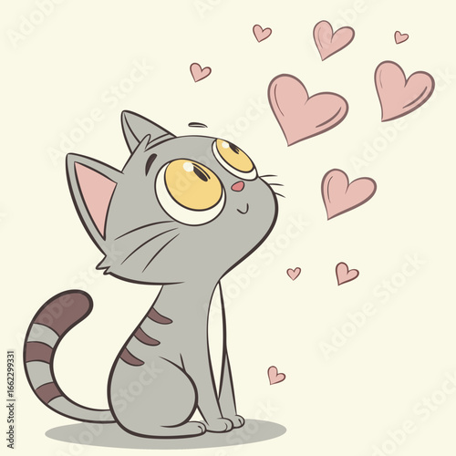 A cute cartoon cat looking at hearts, , perfect for valentines day, love, and petthemed designs