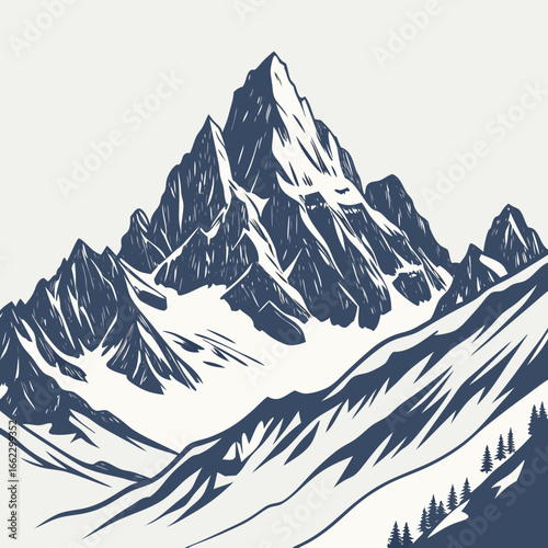 A majestic mountain range with snow covered peaks and valleys in a vintage style illustration, perfect for travel and adventure themes