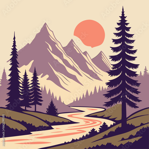A picturesque mountain landscape featuring a winding river, lush forest, and a radiant sun, capturing the essence of natures beauty and tranquility