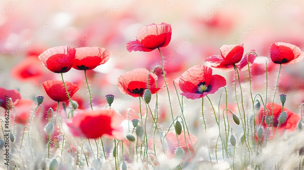 Fototapeta premium Vibrant Red Poppy Field Summer Bloom Flowers