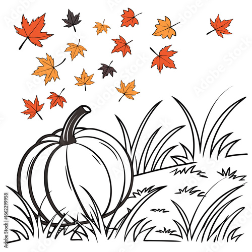 Thanksgiving in flat style. Many colorful autumn leaves with congratulating pumpkin in grass on white background. Stylish autumn holiday card with space for text coloring page black and white