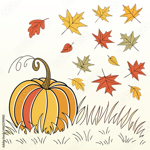 Thanksgiving in flat style. Many colorful autumn leaves with congratulating pumpkin in grass on white background. Stylish autumn holiday card with space for text