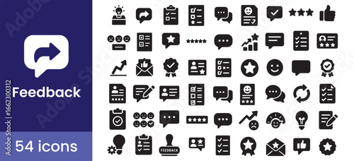 Feedback and review glyph icons for customer satisfaction. This symbol set includes rating, survey, and testimonial illustrations for user experience.

