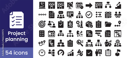 project planning and management icon set shows the business strategy, workflow process, and team task schedule with 54 glyph style illustrations for agile development