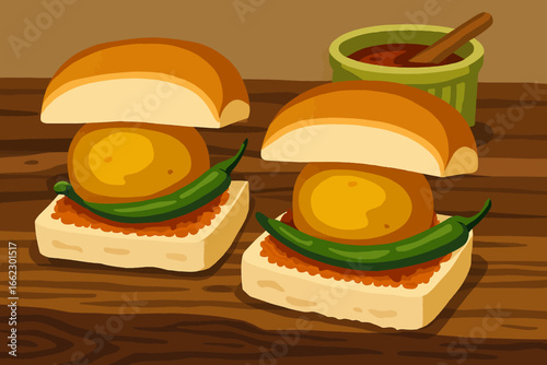 Two delicious vada pav sandwiches with green chilies and a side of chutney, presented on a rustic wooden table, perfect for food blogs and menus