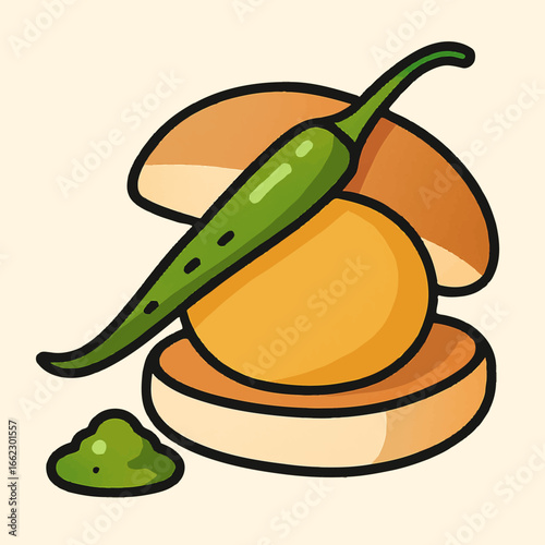 Vibrant green chili pepper atop a savory golden patty nestled within a warm, toasted bun, perfect for culinary promotions and food blogs