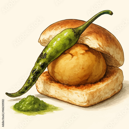 Savor the vibrant flavors of a delicious Vada Pav, a classic Indian street food delight, presented with a spicy green chili and chutney.
