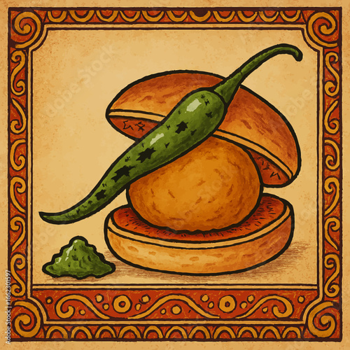 Vibrant green chili pepper artfully arranged with natural ingredients, evoking rustic culinary inspiration for food blogs and recipe design projects.