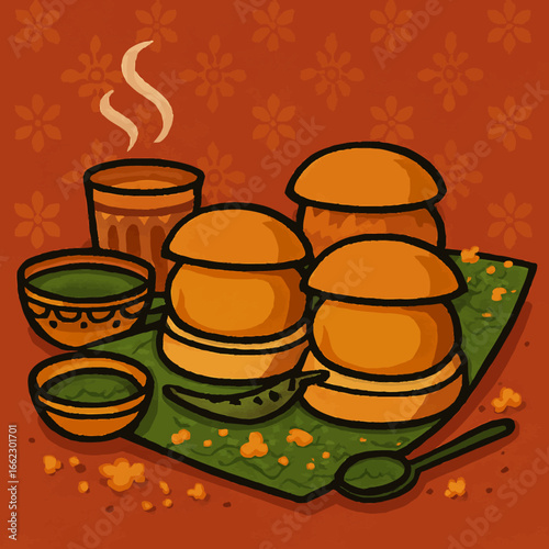 Savor the delightful flavors of Indian street food with steaming hot chai and savory snacks served on a banana leaf, perfect for culinary inspiration.