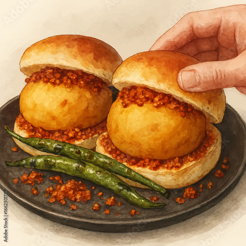 Delectable Vada Pav artistry captures authentic Indian street food flavors, perfect for culinary promotions and restaurant menus.