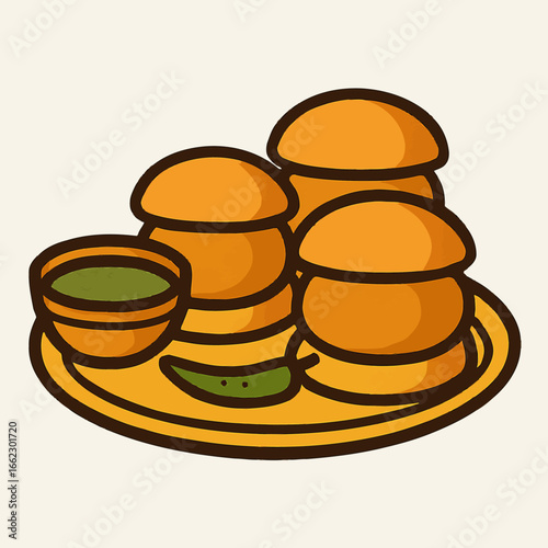 Delicious Indian street food Vada Pav served with spicy green chutney and a chili on a bright yellow platter, perfect for culinary blogs