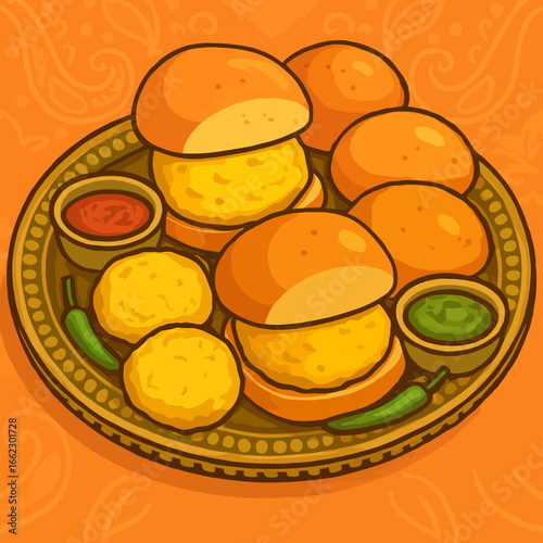 Vibrant platter of delicious Vada Pav street food served with spicy chutneys and green chilies, capturing the authentic taste of India.