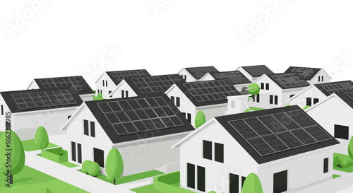 Eco-friendly neighborhood with modern houses powered by solar panels isolated on white background