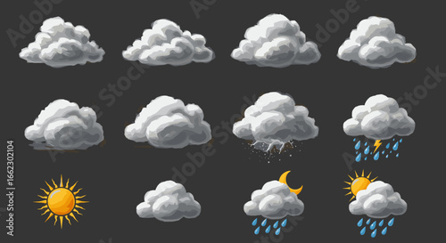 Realistic Collection of Weather Icons Showing Sun Clouds Rain and Lightning Isolated on Dark Background