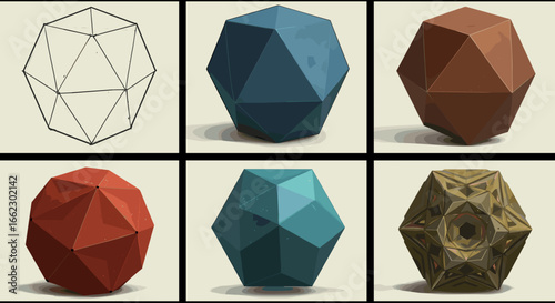 Geometric Icosahedron Shapes with Wireframe and 3D Renderings in Various Colors