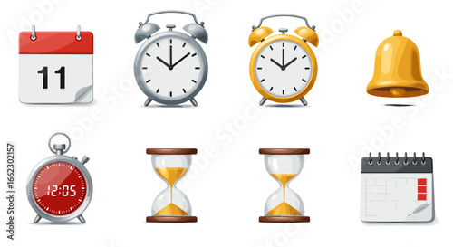 Collection of Time Management Icons Including Calendar Stopwatch Hourglass and Alarm Clocks Isolated on White Background