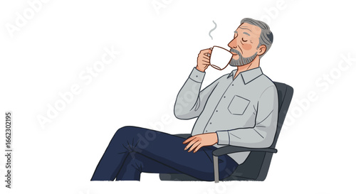 Middle aged man enjoying a hot cup of coffee while sitting in an office chair isolated on white background