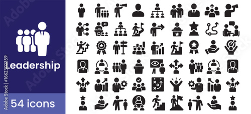Leadership and business management glyph icons for team success. This symbol set illustrates a leader, corporate strategy, and professional growth for presentations.

