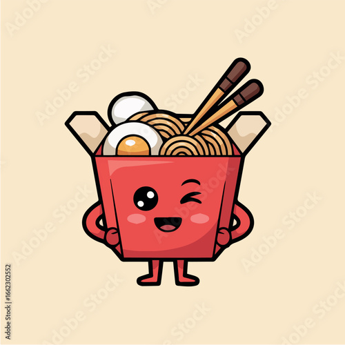Vector cute kawaii ramen noodle box character vector illustration for asian food restaurant menu and logo design