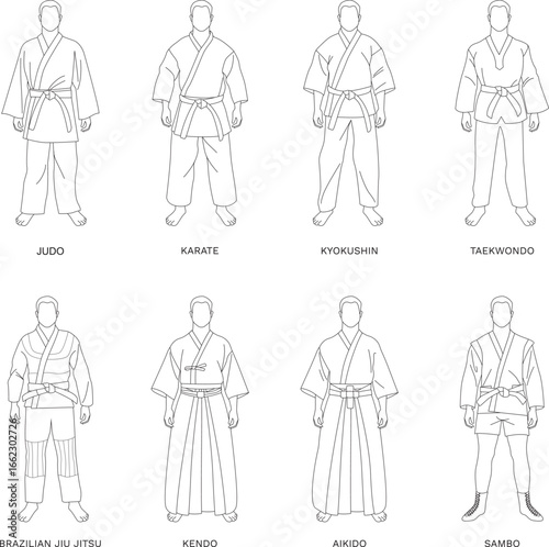Male figures wearing different martial arts uniforms, suitable for karate, judo, taekwondo, sambo, and more. Outline vector illustration set