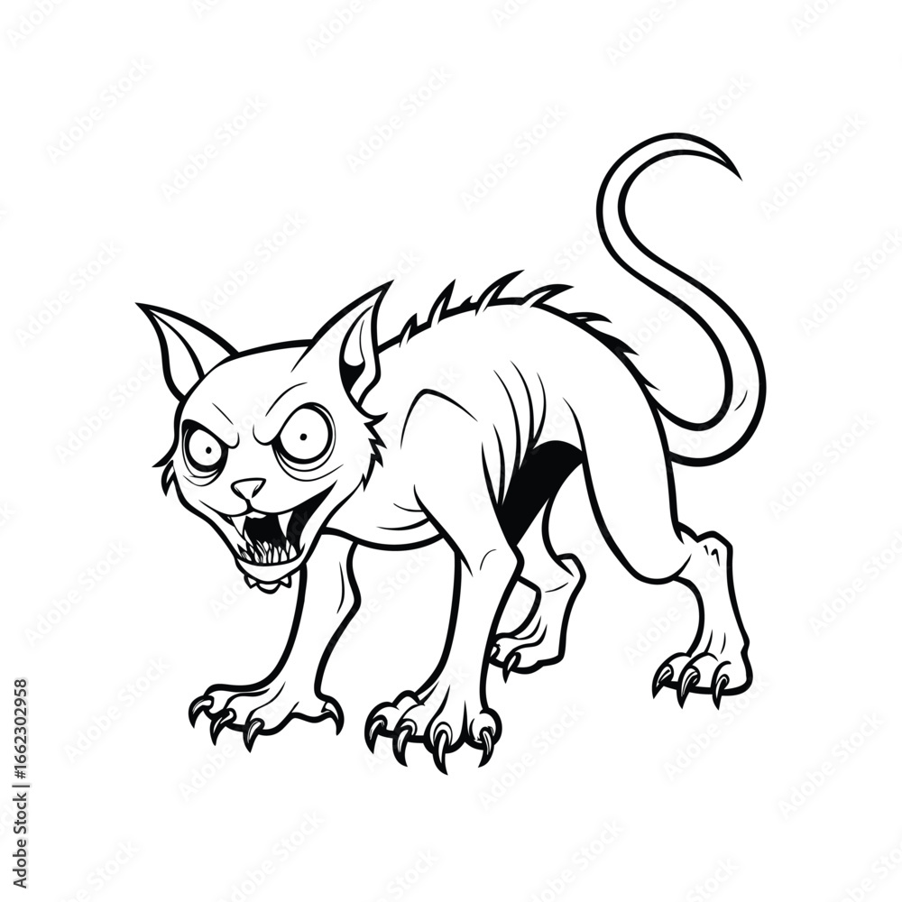 Obraz premium Line art illustration of a zombie cat crawling on a clean white background