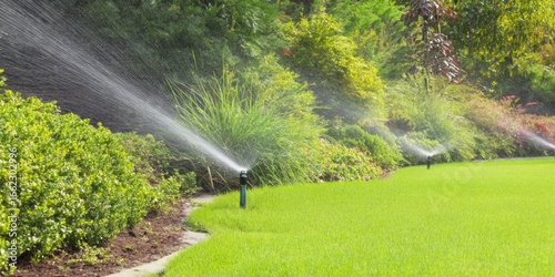 Lush green lawn being watered by sprinklers in a garden.