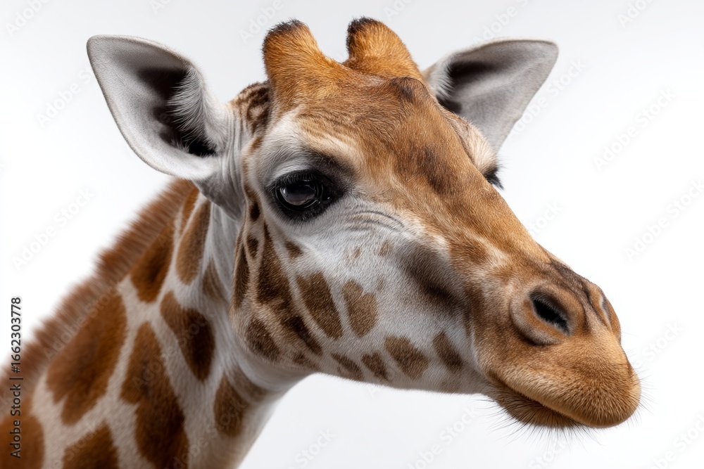 Naklejka premium Close-up portrait of a giraffe against a white background