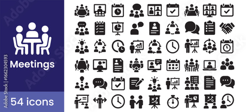 Business meeting and team conference glyph icons for online collaboration. This set includes symbols for presentation, communication, and corporate workshops.

