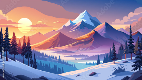Serene snowy mountain landscape at sunrise with pine trees and mist