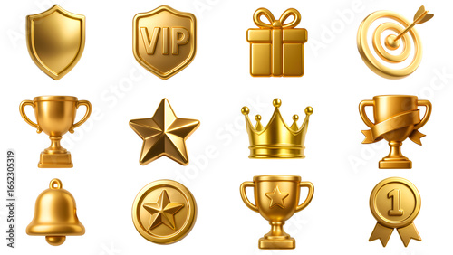 3D Golden Icon Set – Trophy, Medal, Crown, Star, Shield, VIP, and Award Symbols
