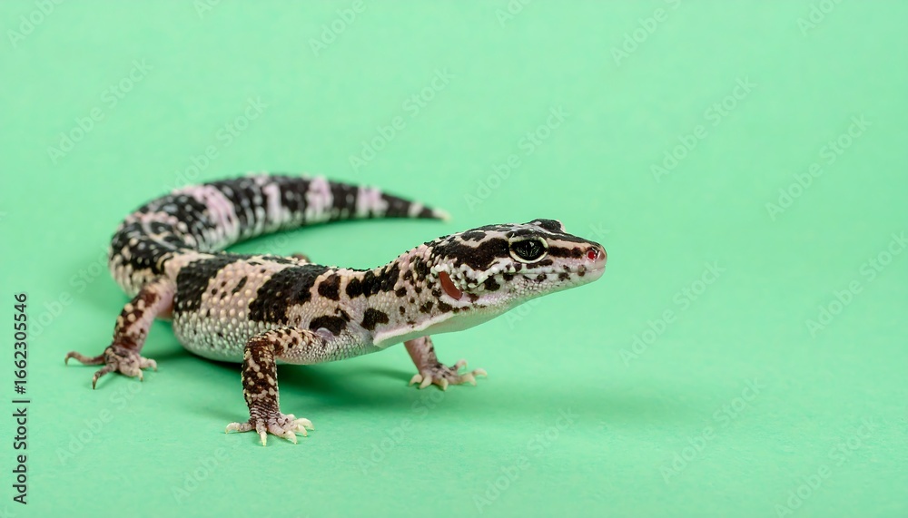 Naklejka premium Captivating Leopard Gecko Displays its Unique Spotted Pattern on a Vivid Green Background