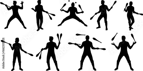 silhouette figures, juggling clubs, circus performers, black and white illustration, contrasting shapes, dynamic poses, symmetrical composition, vector art style, minimalist design, performance art