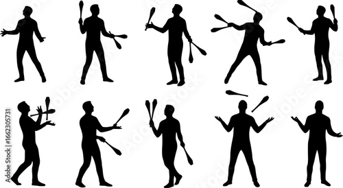 silhouette figures, juggling clubs, circus performers, black and white illustration, contrasting shapes, dynamic poses, symmetrical composition, vector art style, minimalist design, performance art