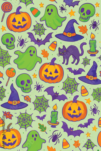 Halloween Pumpkin Black Cat Witches Hat Bats Candy Spooky Horror Fun Cute October 31 Print Design in Vector