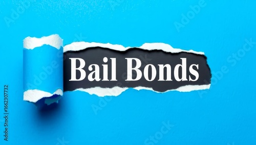 Bail Bonds. Blue torn paper banner with text label. Word in gray hole.