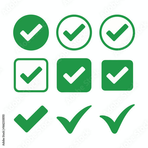 Vector green check mark vector icons set for approval success and verification confirmation in circle and square shapes