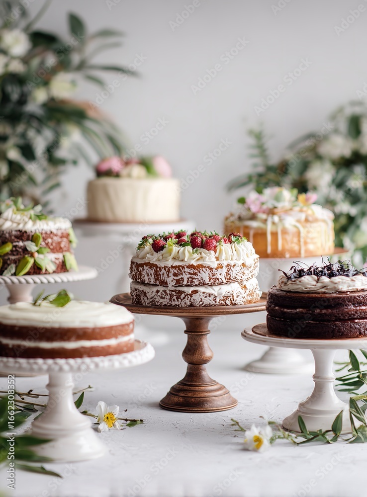 Naklejka premium Assorted Cakes on Stands Including White Chocolate Mud Cake and Fruit Cream Layer Cake with Natural Colors on White Background