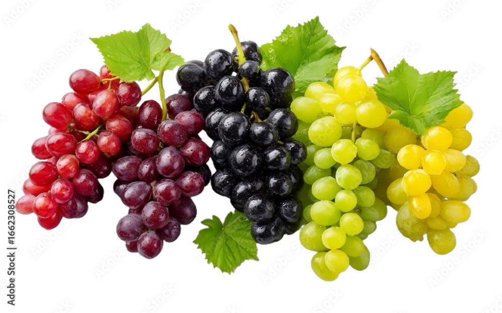 Fototapeta premium A striking display of five different grape varieties, including red, black, and green, with a transparent background.
