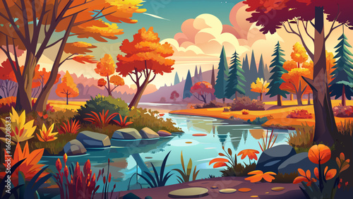 Serene autumn bog with vibrant foliage and still waters