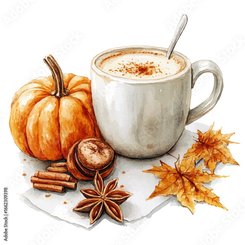 watercolor vector of Spiced Pumpkin Latte, isolated on a white background.