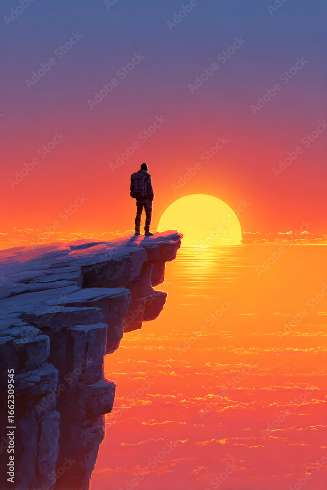 Fototapeta premium Backpacker standing at cliff edge, looking over dramatic sunset horizon
