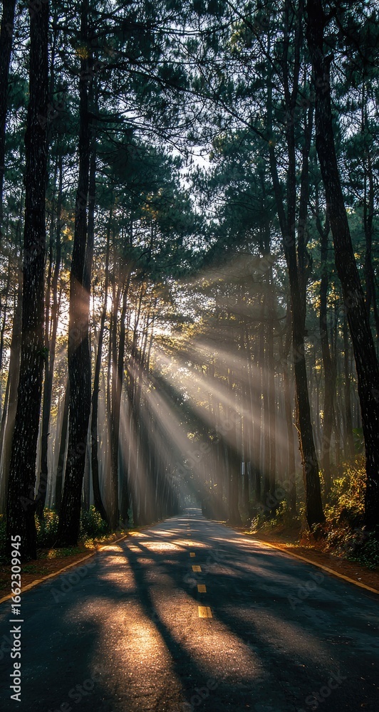 Obraz premium Sunbeams pierce a misty forest road