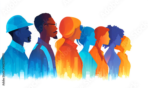 Side profile silhouettes of diverse people in different occupations, representing global diversity