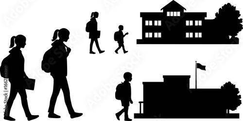 A mom Going to school with Her Child vector silhouette	