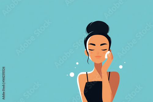 Minimalist illustration of woman applying skincare with fresh glowing face