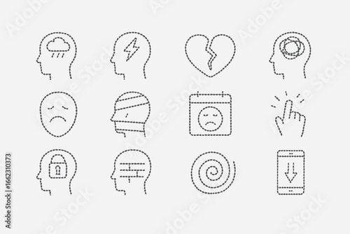 Dotted linear icon set about mental health and emotions: anxiety, sadness, broken heart, blockage, trauma, and depression. Perfect for psychology, therapy, awareness, and wellness projects.
