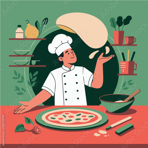 Vector chef making pizza dough tossing in kitchen restaurant culinary italian food preparation delicious recipe 100
