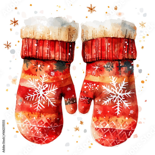 watercolor of Snowflakes On Mitten Fabric, vector, isolated on a white background.